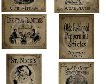 Primitive Christmas Rudolph Santa Peppermint Sticks Log Cabin Pantry Logo Labels Jpeg Digital File for Crock  Jar, Labels, Pillows, Doll