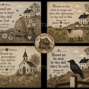 May include: A set of four rectangular prints featuring rural landscapes with biblical verses. Each print displays a scene with a house, farm elements, and text including Matthew 5:5, 5:6, 5:8, and 5:9. A circular logo with a cabin illustration is centered.