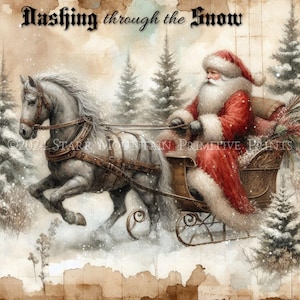 Primitive Farmhouse Grungy Old World Santa Claus Christmas Horse Sleigh Printable 8x10 Jpeg Digital Print Decoupage Label Tag Ornament Card