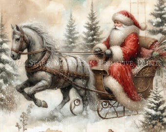 Könnte beinhalten: Eine Illustration im Vintage-Stil, die den Weihnachtsmann in einem Schlitten zeigt, der von einem weißen Pferd durch einen verschneiten Wald gezogen wird. Der Text "Dashing through the Snow" steht über dem Bild.