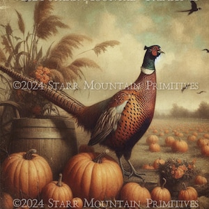 May include: A painting of a pheasant standing in a field of pumpkins. The pheasant is brown, orange, and white with a long tail. The pumpkins are orange and scattered across the field. The background is a blurry image of a field and sky.