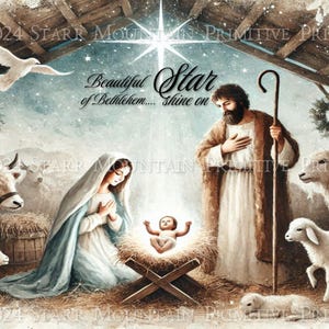 Noël religieux primitif Nativité bébé jésus belle étoile de Bethléem imprimable Jpeg 8 x 10 image numérique toile tag ornement carte