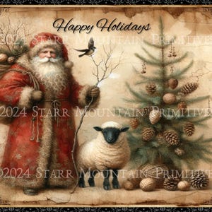 Primitive Farmhouse Grungy Old World Santa Claus Christmas Sheep Printable 8x10 Jpeg Digital Print Decoupage Label Hang Tag Ornament Card