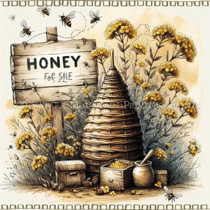 May include: A hand-drawn illustration of a honeybee hive with a sign that reads "Honey For Sale". The hive is made of woven straw and sits in front of a field of yellow wildflowers. Bees are flying around the hive and the sign.