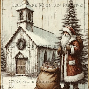 Primitive Farmhouse Inspirational Printable Christmas Church Chapel Tree Wreath Woodland Santa Claus 8x10 Jpeg Digital Image Tag Print Card