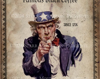 Primitiver Vaterländischer Onkel Sam Schwarzer Kaffee Printable Jpeg 300 DPI Digitalbild Kissen Pantry Label Hangtag Magnet Ornament Print