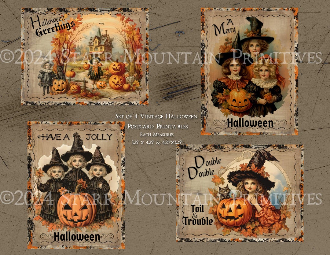 Primitive Vintage Halloween Postcard Damask Black Cat Witch JOL Set of ...