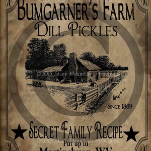 Primitive cornichons à l&#39;aneth Pickle Label garde-manger Logo numériques Jpeg fichier pour étiquettes de zone de Crock Pot Crate, oreillers encadré étiquettes volantes Prints