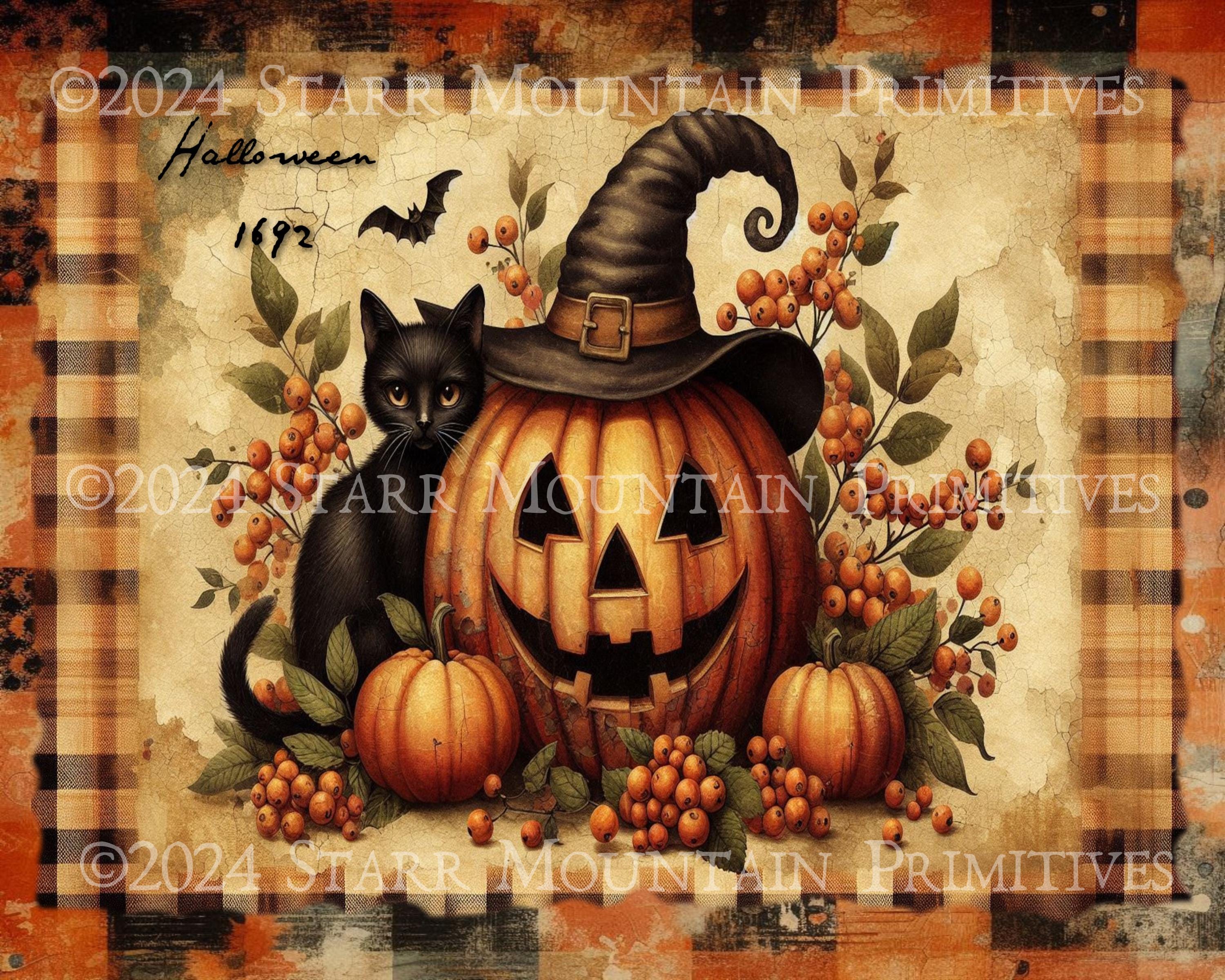Primitive Halloween Black Cat Witch Hat Jack O Lantern Pumpkin ...