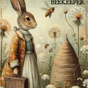 8 x 10 primitieve boerderij konijn wilde bloemen imker honingbij Skep honingbij konijn afdrukbare jpeg digitale print label tag ornament canvas
