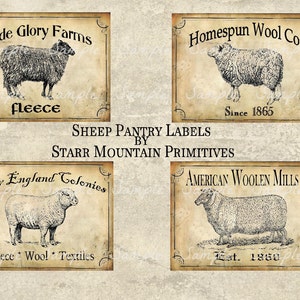 Primitifs moutons Vintage laine numériques Jpeg garde-manger Crate Crock Pot étiquettes