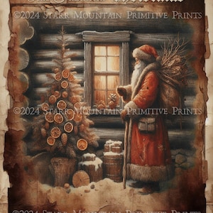 Primitif grungy Woodland père Noël cabane en rondins fenêtre brindille de Noël arbre imprimable Jpeg impression numérique découpage étiquette étiquette ornement 8 x 10