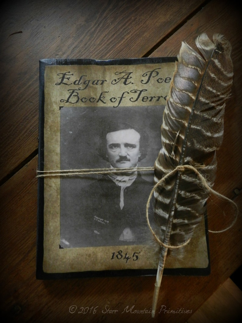 Primitive Halloween Edgar Allan Poe Spooky Journal Cupboard Tuck Turkey Quill Feather Raven