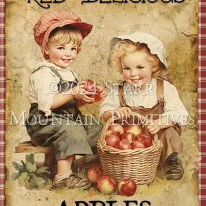 Primitive Grungy Gingham Vintage Werbung Red Delicious Äpfel Printable Jpeg 300 DPI Digitalbild Label Hang Tag 8x10 Print Canvas