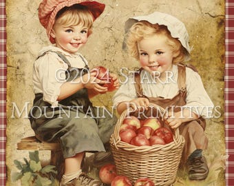 Primitive Grungy Gingham Vintage Advertisement Red Delicious Apples Printable Jpeg 300 DPI Digital Image Label Hang Tag 8x10 Print Canvas