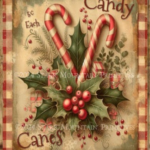 Primitive Farmhouse Grungy Candy Canes Christmas Holly Berries Gingham Printable Jpeg Digital Print Decoupage Label Hand Tag Ornament Canvas