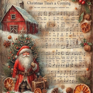 Puede incluir: Una partitura de villancicos navideños vintage con un texto que dice "Christmas Time's a Coming". Se ve un granero rojo, un paisaje nevado y Papá Noel sosteniendo un bastón.