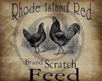 Primitive Rhode Island Feed Label Chicken Rooster Jpeg Digital  Image Feedsack Logo for Pillows Labels Hang tags Magnets Ornies