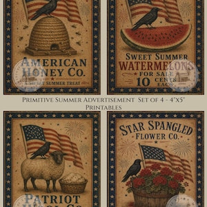 May include: Set of four vintage-style printable advertisements. Each features an American flag, a crow, and a product: honey, watermelon, wool, and flowers. The ads have a rustic, patriotic theme with text like "American Honey Co." and "Patriot Wool Co."