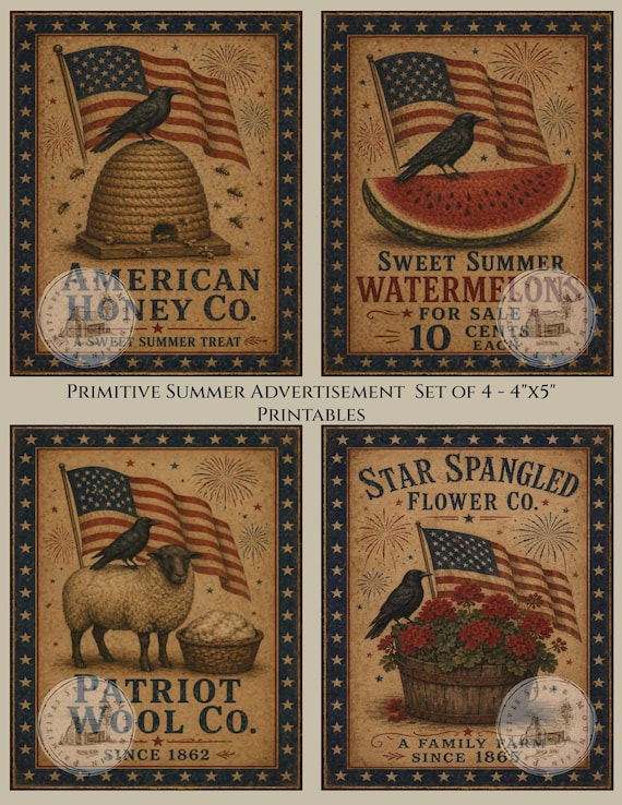 Primitive Patriotic Folk Art Summer Sheep Watermelon Crow Flag