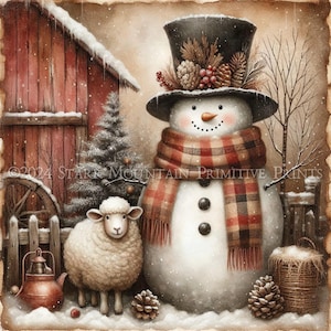 Ferme primitive grungy woodland bonhomme de neige mouton grange arbre imprimable Jpeg 8 x 10 impression numérique étiquette de découpage étiquette volante ornement carte toile