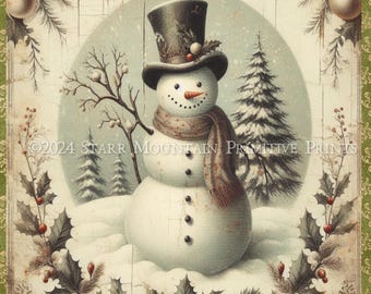 Muñeco de nieve de granja primitivo para Navidad Let it Snow, imprimible en formato Jpeg, impresión digital, decoupage, etiqueta colgante, adorno, lienzo, papel de arroz, 8 x 10