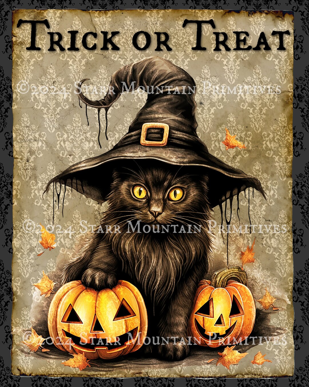 Primitive Halloween Trick or Treat Witch Black Cat Jack O Lantern JOL ...