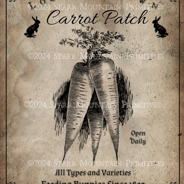 Primitive Carrot Patch Bunny Farm Jpeg Digital File Image Feedsack Logo for Pillows Labels Hang tags Magnets Ornies Prints and more!