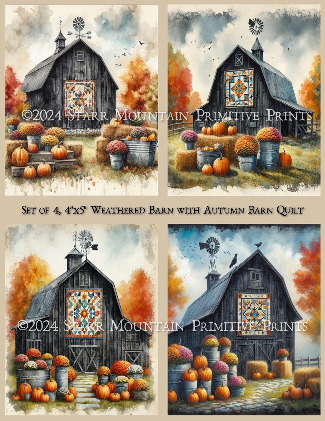 Primitive Farmhouse Weathered Barn Quilt Autumn Fall Pumpkins Mums Set ...
