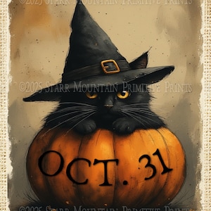Primitive Fall Autumn Halloween Oct. 31 Black Cat Witch Hat Pumpkin 8x10 Printable Jpeg Digital Image Label Tag Print Canvas Decoupage