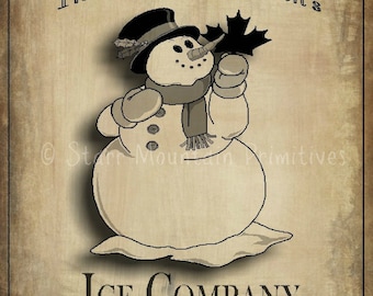 Primitive Christmas Snowman Ice Co.  Feedsack Pantry Label Logo Jpeg Image Great for Pillows Labels Hang tags Magnets Ornies