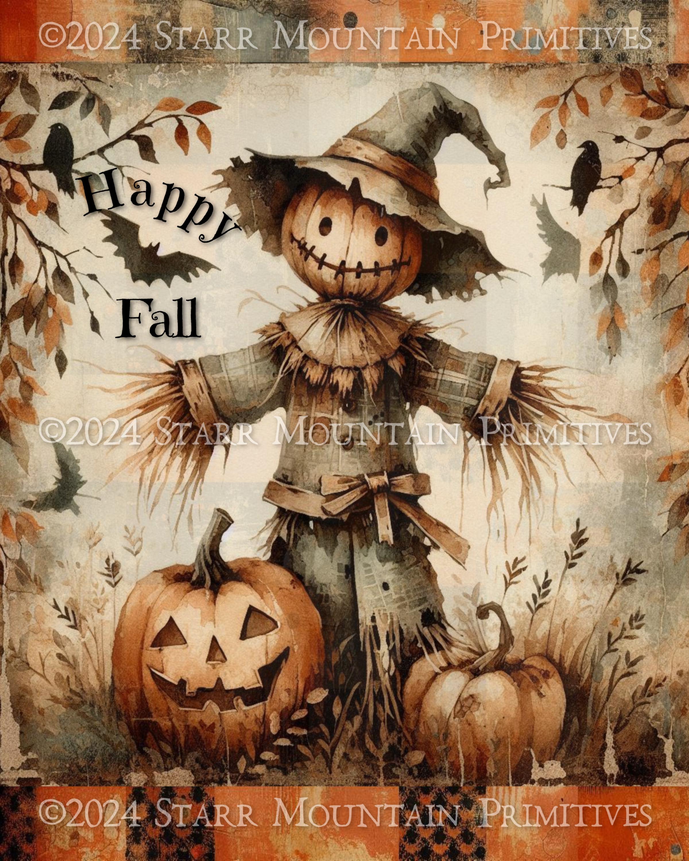 Primitive Halloween Happy Fall Scarecrow Jack O Lantern Crow Bat Pumpkin JOL 8x10 Printable Jpeg Digital Image Label Hang Tag Print Canvas