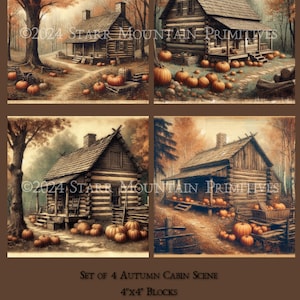 Könnte beinhalten: Satz mit vier 10,16 cm x 10,16 cm großen Decoupage-Blöcken mit einer rustikalen Blockhütte mit Kürbissen in einer Herbstlandschaft. Das Bild trägt den Titel "Set of 4 Autumn Cabin Scene".