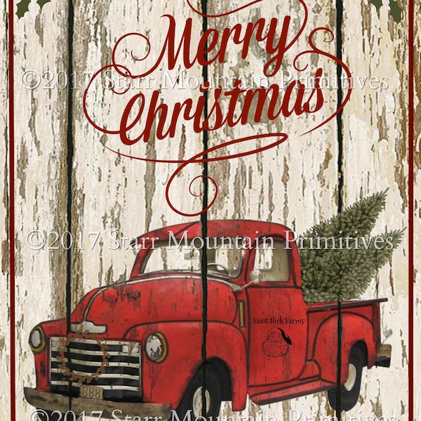 Primitive Farmhouse Merry Christmas Red Truck Label Jpeg Digital  Image Feedsack Logo Print Tag Pillows Labels Hang tags Magnet Candle