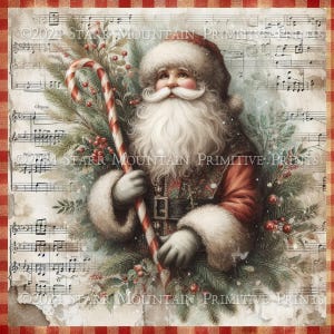 Primitive Farmhouse Christmas Santa Claus Candy Cane Instant Download JPEG 8x8 Printable Print Sublimation Decoupage Cans Label Tag Canvas