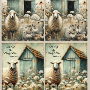Versículo bíblico inspirador primitivo de primavera Dejó las 99 ovejas Granero azul Juego de 4 etiquetas de decoupage imprimibles con imagen digital de 4 x 5