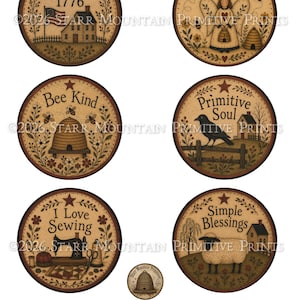 May include: A set of six round printed designs featuring illustrations of a house with an American flag, an angel, a beehive, a crow on a fence, a sewing machine, and a sheep. Each circle includes text and a star icon, with a small circular logo below.