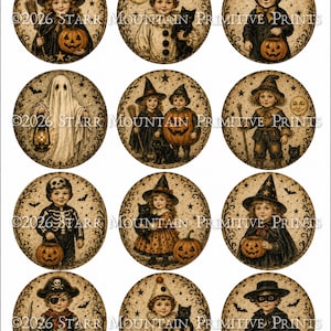May include: A sheet of twelve circular stickers featuring vintage-style illustrations of children in Halloween costumes, including witches, ghosts, and skeletons, with the text 2026 STARR MOUNTAIN PRIMITIVE PRINTS overlaid across the center of the images.