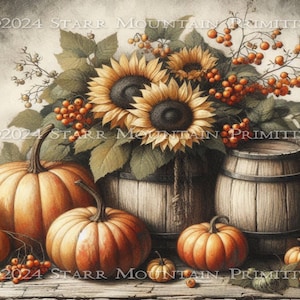 Primitive Bauernhaus Kürbisse Sonnenblumen Holzfass druckbare Stillleben Gemälde Print Label Jpeg Digitalbild 10x8 Leinwand Decoupage