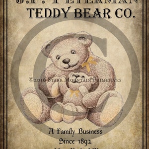 May include: A vintage-style illustration of two teddy bears, one holding the other. The image is surrounded by a circle with a faded background. The text reads "J.P. PETERMAN TEDDY BEAR CO. ©2016 STARR MOUNTAIN PRIMITIVES A Family Business Since 1892 New York, NY"
