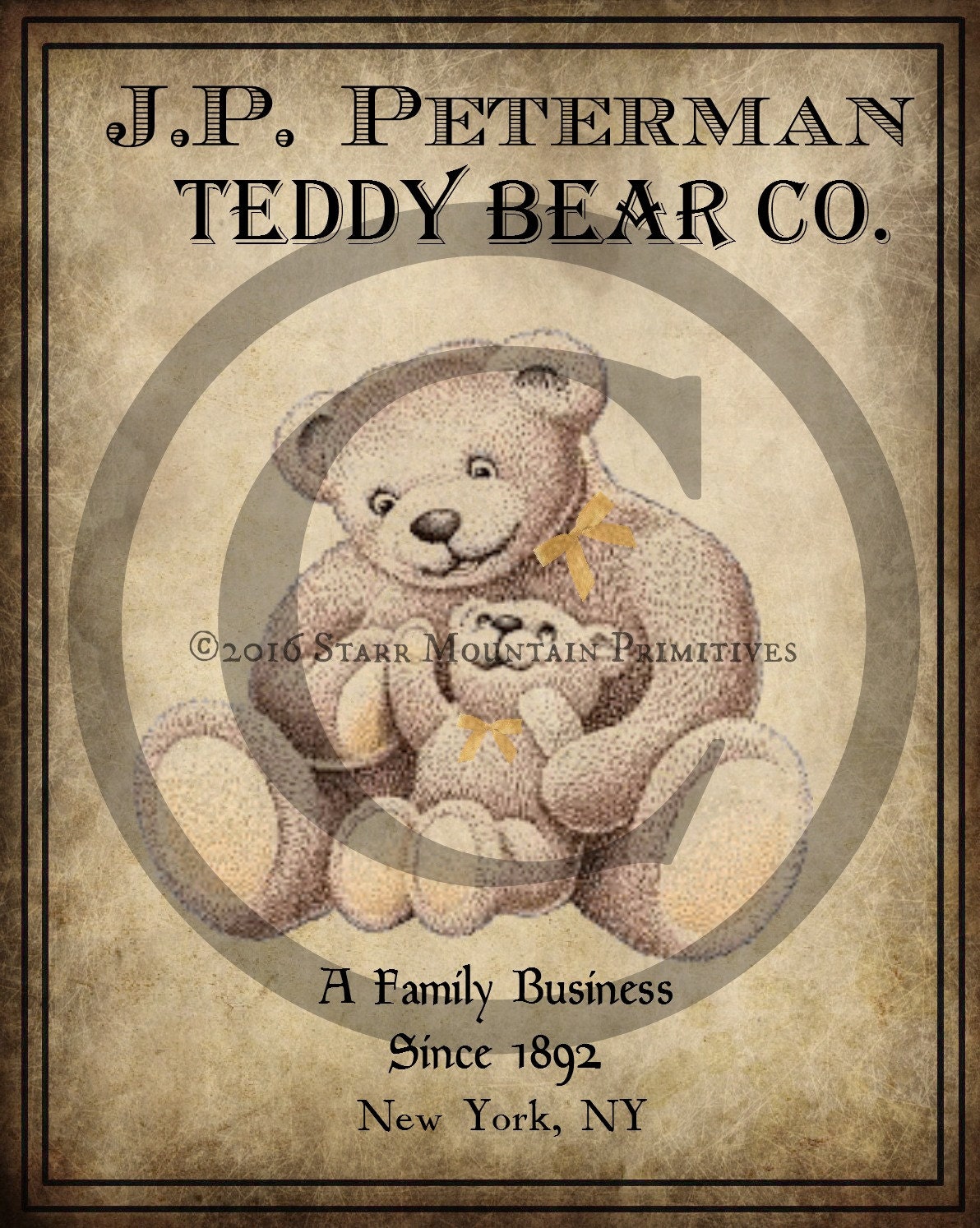 Primitive Vintage Teddy Bear Jpeg Digital Image Feedsack Logo for