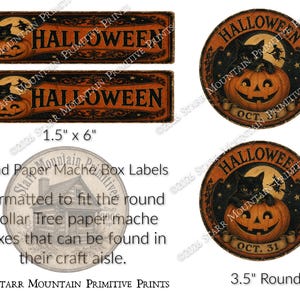 Puede incluir: Dos etiquetas rectangulares de 3,8 cm por 15,2 cm y dos etiquetas circulares de 8,9 cm de diámetro, con un gato negro, una calabaza, una luna llena y el texto Halloween y Oct. 31 sobre un fondo de color naranja.