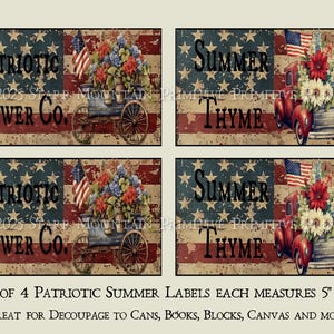 Puede incluir: Conjunto de cuatro etiquetas patrióticas de verano de 5" x 3" con una bandera estadounidense roja, blanca y azul con un camión vintage que lleva flores. Las etiquetas dicen "Patriotic Flower Co." y "Summer Thyme".
