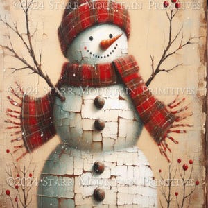 Primitive Chippy Farmhouse Snowman Christmas Folk Art Printable Jpeg Digital Print Decoupage Label Hang Tag Ornament Canvas Rice Paper 8x10