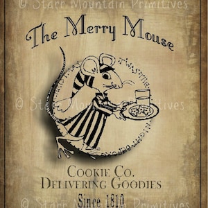 Primitive Christmas Merry Mouse Feedsack Pantry Label Logo Jpeg Image Great for Pillows Labels Hang tags Magnets Ornies