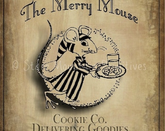 Primitive Christmas Merry Mouse Feedsack Pantry Label Logo Jpeg Image Great for Pillows Labels Hang tags Magnets Ornies