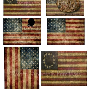 May include: Collection of distressed American flags with a vintage aesthetic. The flags feature red and white stripes and a blue field with stars. Some designs include text such as "1776" and "The Thirteen Colonies Of America".