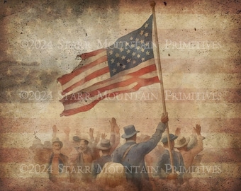 Primitieve koloniale patriottische Amerikaanse vlag ster spangled banner afdrukbare jpeg 300 DPI digitale afbeeldingslabel hang tag ornament decoupage afdrukken