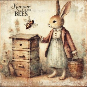 8 x 8 primitieve boerderij konijn honing hoeder van de bijen bee Skep konijn afdrukbare jpeg digitale print decoupage label hang tag ornament canvas