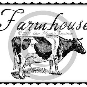 Primitive Shabby Farmhouse Cow Jpeg Digital Image Print Feedsack Logo Pillow Pantry Labels Hang tags Magnets Ornies Burlap